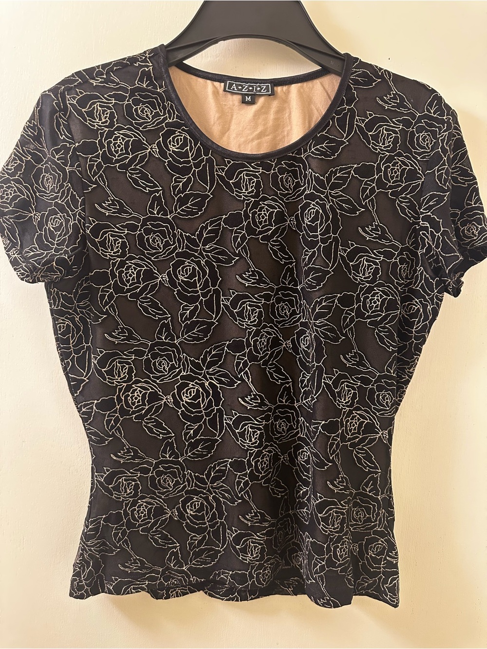 AZ-IZ Black Short-Sleeve Floral Lace-Overlay Tee